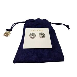 Tory Burch Stud Earrings Silver Tone‎ Logo Round Designer Jewelry